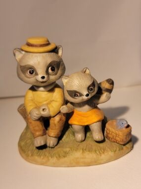 Whimsical Vintage Yellow & Gray Raccoon Figurine Set Enesco 1979- Home Accent
